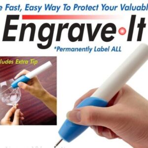 Engrave it Permanently label all of your important items! Engrave It engraving tool allows you to engrave nearly anything you can imagine on almost any type of surface: wood, metal, plastic, leather, glass and much more. Do you know that Law enforcement won’t return stolen property unless its identifiable? Use Engrave It to permanently label and protect your valuables. Safe and easy to use. Works just like a pen. Engrave your child’s lunch box or guard against theft by engraving your MP3 player. Engrave ornaments, silver pieces, lockets, rings and more. Great arts and crafts fun for the whole family. Personalize your keepsakes, Engrave It is an inexpensive alternative to costly engraving services! Includes: 1x Engrave-It Engraving Tool 1x Bonus Replacement Tip Uses 2 AA batteries (NOT included) Hold the Engrave It like you would a pencil, with your thumb over the control button. Press the control button in with your thumb. Applying slight pressure, press tool down on surface to be engraved. Hold it at a slight angle (like you would a pencil). To turn off simply release thumb pressure from control button. Works on: Metal Steel Wood Electronics Valuables Collectables Leather Computers And more…. (Safety Note: Always wear protective eyewear when engraving and wash hands after use. It is not recommended that you engrave electronic media such as CD’s, DVD’s etc because engraving on those materials may damage the media.)