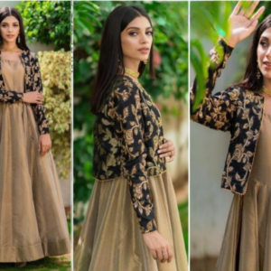 2 Pc Embroidered Round Neck Silk Maxi & Jacket