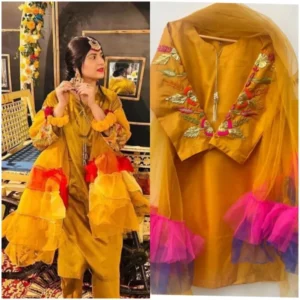 Embroidered Sleeves Kurti with Frill Dupatta & Trouser | 3 Piece Suit | Embroidered Dresses for Women