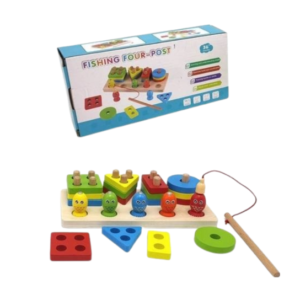 Wooden Fishing Game for Toddlers | Geometric Shape Sorter With Magnetic Fishing Game | 4-Post Shape Sorter with Magnetic Rod