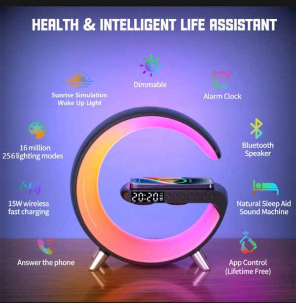 G-Shape Bluetooth Speaker | G11-Multifunctional Lamp | Digital Alarm Clock | Wireless Charging Memory Card Supported - Image 2
