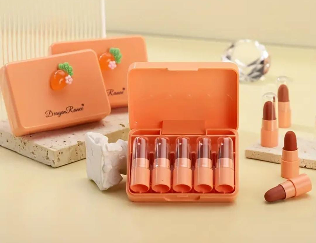 Dragon Ranee 5 Pcs Carrot Mini Lipstick Set | Long-Lasting Waterproof Lipstick | Random Colors