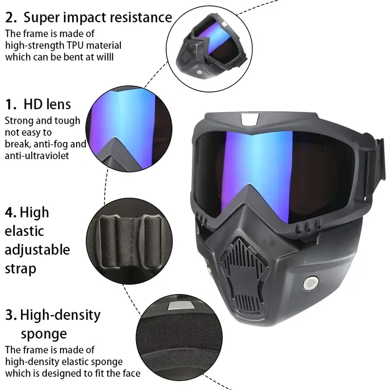 Motorcycle Goggles with Removable Full Face Mask | Detachable Riding Glasses for Dirt Bike, ATV, Motocross, and Off-Road | Random Glass Shade - Image 6