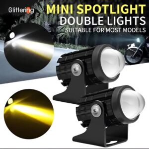 (2pcs) New Mini Driving Fog Light for All Motorcycles, Cars & Jeeps | Dual Function White-Yellow Lens Projectors | 20W Auxiliary Lights with Free Control Button