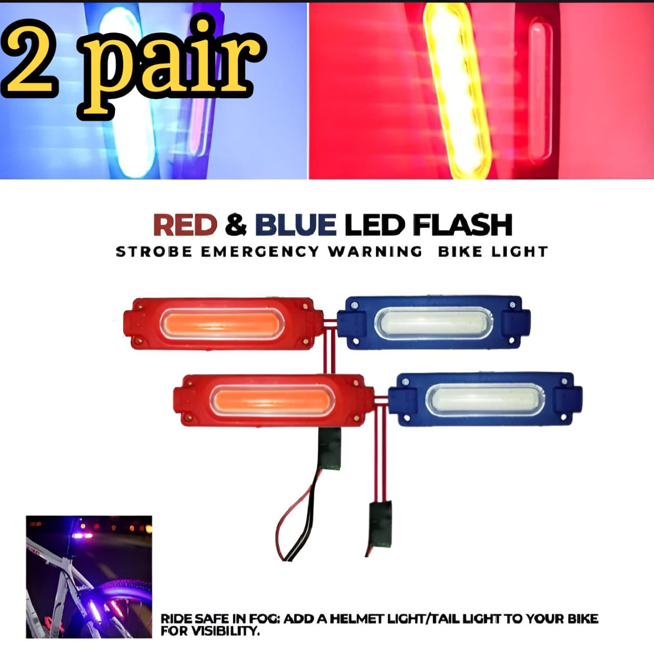 Pack of 2 Pair (4PCS) Red & Blue LED Flasher Light | Waterproof 12V Warning Strobe Light for Bikes & Cars – High Brightness Emergency Light