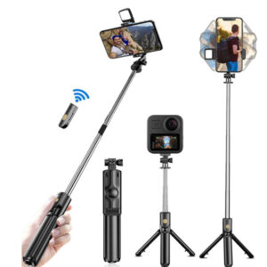 R1S Bluetooth Selfie Stick with Tripod & Flash Light | Foldable Extendable Selfie Rod with Wireless Remote for Android, iPhone & Action Cameras