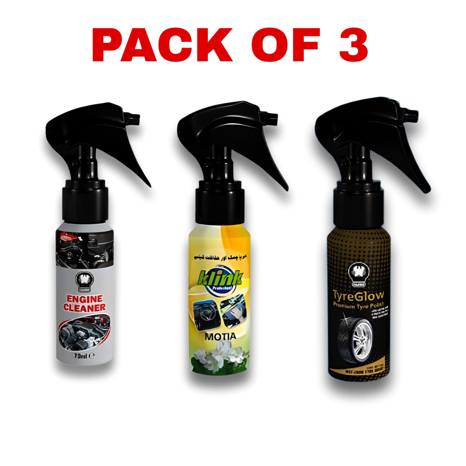 Pack of 3 Cleaning Deal for All Bikes & Cars | Dashboard Polish + Tire Glow + Cleaning Sachet | Complete Vehicle Shine & Care Kit