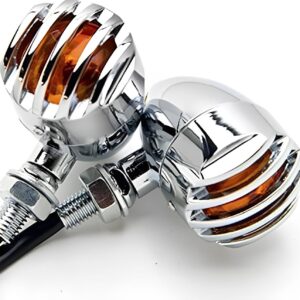 4 pcs 12V Universal Motorcycle Grill Turn Signal Lights – Amber LED, Chrome Body, Compatible with Honda, Yamaha, Kawasaki, Sportster 1200, and More.
