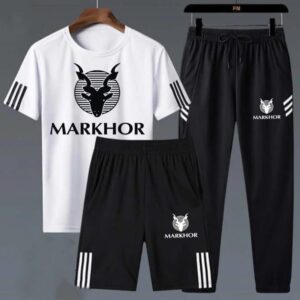3-Piece Markhor Printed Summer Tracksuit for Men | White & Black Combo | Stylish & Comfortable Outfit