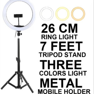 26CM LED Ring Light with Mobile Holder & 7ft Tripod Stand | 3 Light Colors, Dimmable USB Selfie Ring Light for Videography & Photography