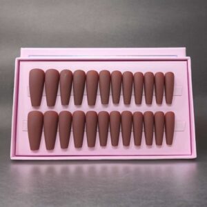 24 Pcs O.TWO.O Brown Matte Nails with Accessories – Stylish & Trendy Nail Set for Girls