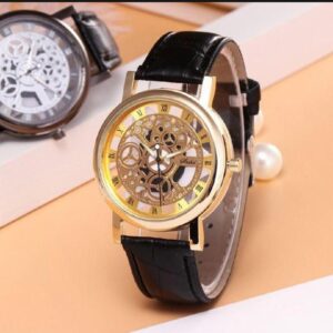 Stylish Leather Watch for Men – Gold-Tone Stainless Steel Dial with Black Strap | Elegant Quartz Wristwatch (Without Box)