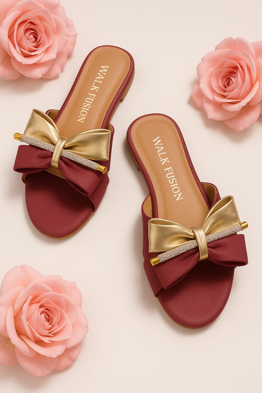 Stylish Maroon Block Heel Slip-On Slippers for Women – Golden Bow & Rhinestone Detailing | Comfortable, Premium-Quality Party & Daily Wear Footwear (With Box)