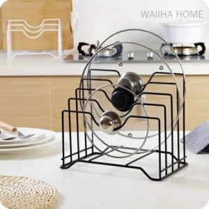 Multifunctional Pot Lid Holder & Dish Rack – Black Metal Kitchen Organizer Stand for Lids, Plates, Cutting Boards