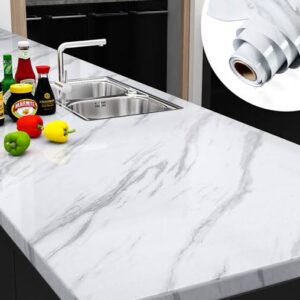 White Marble Self-Adhesive Kitchen Wallpaper – Oil & Heat Resistant Vinyl Countertop Film – Waterproof Peel & Stick Contact Paper for Cabinets, Walls, Shelves, Drawers