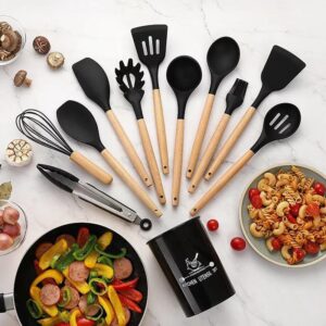 12-Piece Silicone Kitchen Utensil Set with Wooden Handles & Storage Bucket – High Heat Resistant, Non-Stick Cooking Tools (Random Color)