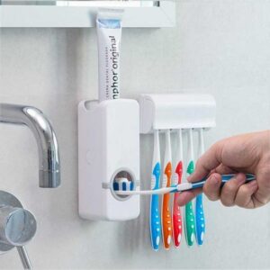 Automatic Toothpaste Dispenser & Wall-Mounted Toothbrush Holder – 5 Slots Bathroom Organizer, White