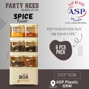 Spice Tower with 6 Crystal Jars | Elegant Kitchen Storage Organizer for Spices, Herbs & Seasonings