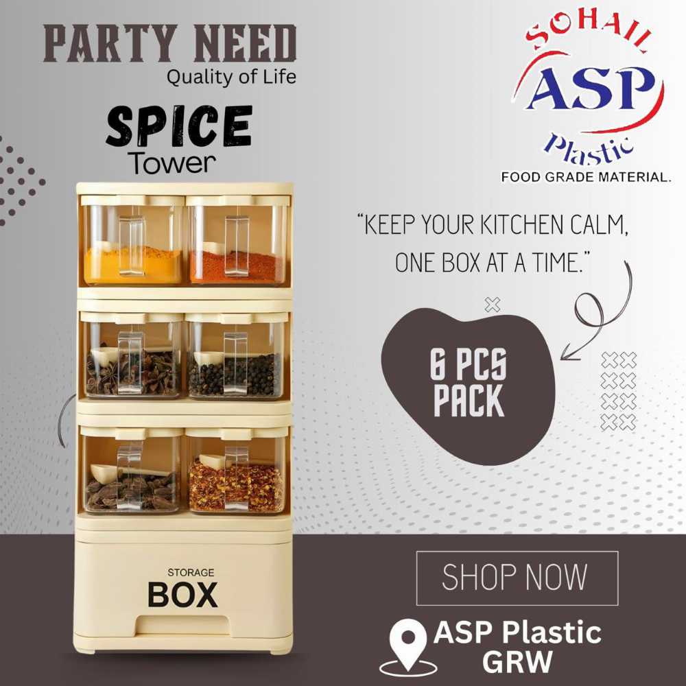 Spice Tower with 6 Crystal Jars | Elegant Kitchen Storage Organizer for Spices, Herbs & Seasonings