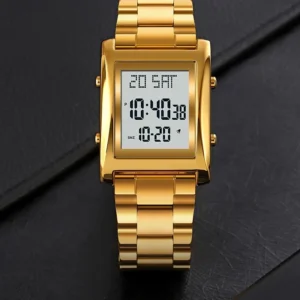 Skmei Men’s Digital Square Watch – Golden Stainless Steel Chain | Quartz Movement | No Box