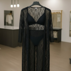 Luxurious Net Transparent Lace 4-Piece Nightwear Set – Free-Size Lounge & Sleepwear (Gown, Bra, Panty, Trouser) | SKU: DC-4051 | Black