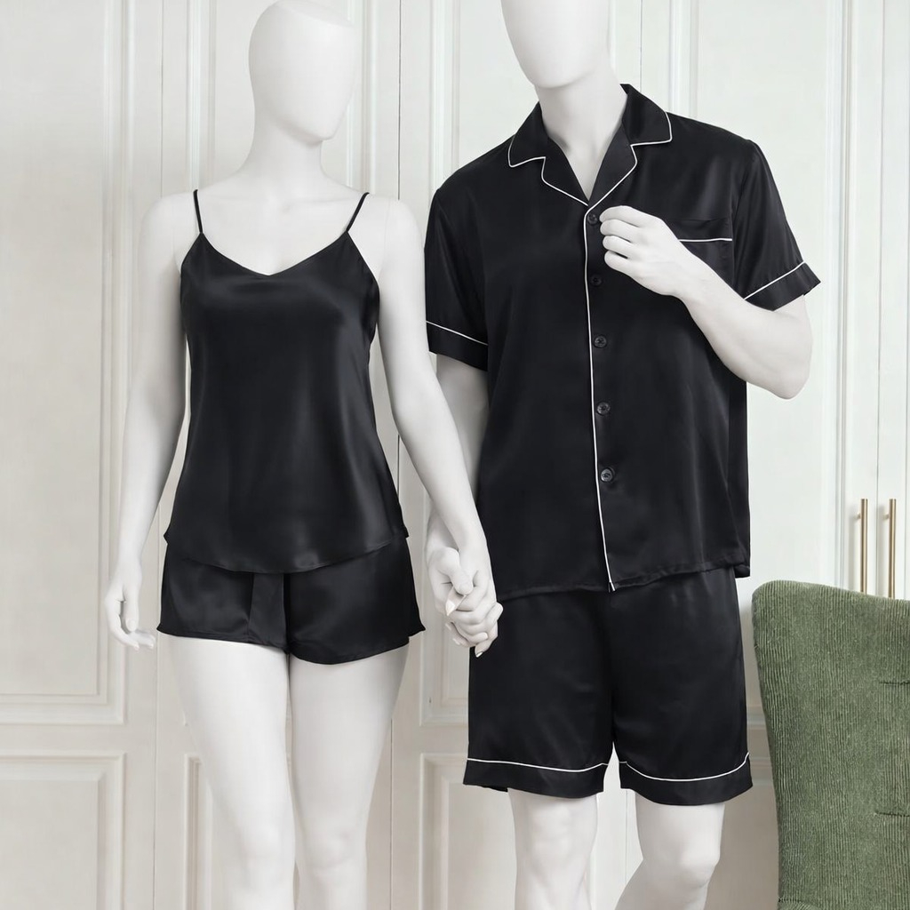 Couple Night Dress / Night Suit – Silk Sleepwear Set (4-Piece Camisole & Shirt with Shorts) | SKU: DC-C015 | Black