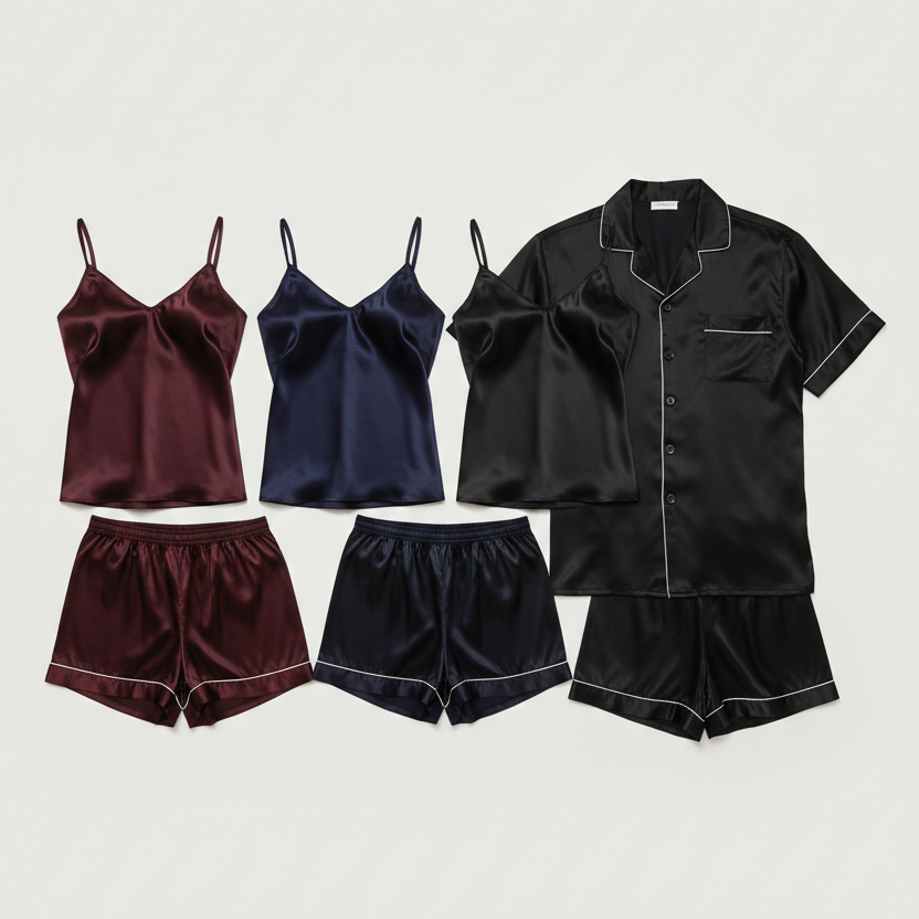 Couple Night Dress / Night Suit – Silk Sleepwear Set (4-Piece Camisole & Shirt with Shorts) | SKU: DC-C015 | Black - Image 4