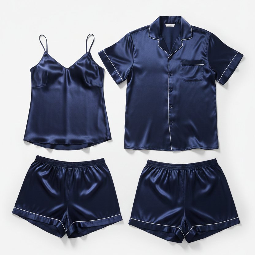 Couple Night Dress / Night Suit – Silk Sleepwear Set (4-Piece Camisole & Shirt with Shorts) | SKU: DC-C015 | Black - Image 5