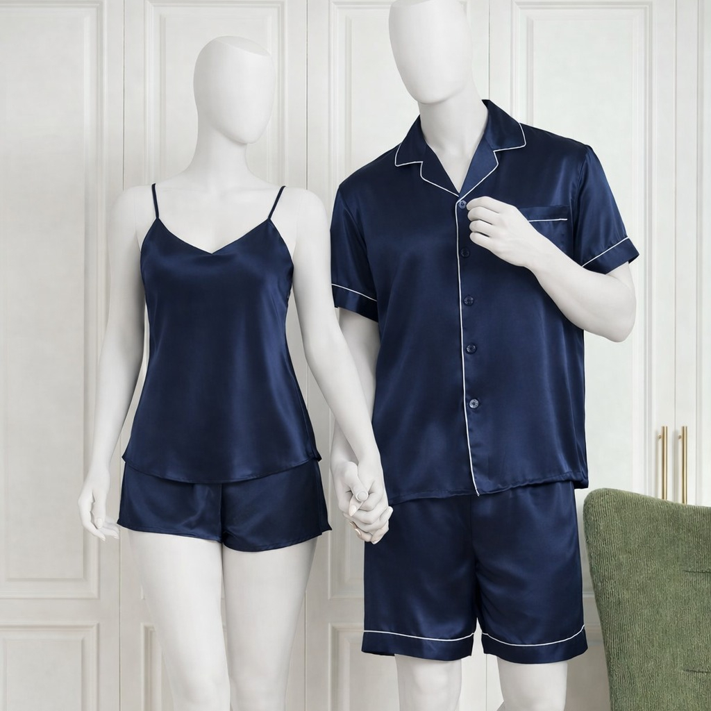 Couple Night Dress / Night Suit – Silk Sleepwear Set (4-Piece Camisole & Shirt with Shorts) | SKU: DC-C015 | Black - Image 2