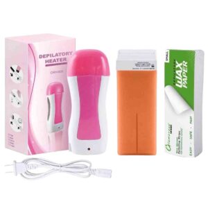 Depilatory Wax Heater Kit 3-in-1 – Roll-On Hair Removal Kit with Heater, Wax Refill & Strips for Smooth Skin