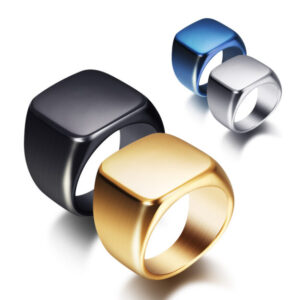 Stainless Steel Retro Square Rings 18mm Gold Black Blue Silver