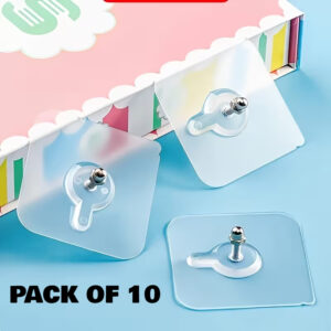 Transparent Self Adhesive Wall Hooks (Pack of 10) – Strong Hold No Drill Damage Free Sticky Hooks for Kitchen, Bathroom & Home